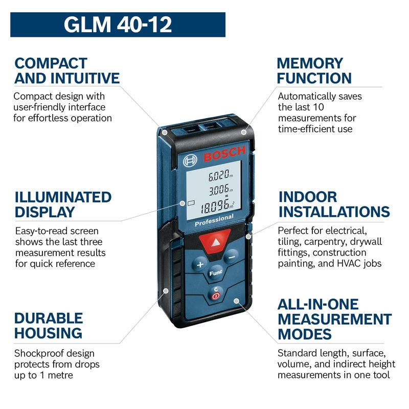 BOSCH GLM 40-12 Laser Measure | Precise Length, Area & Volume | Easy-to-Read Display | IP54 Durable | Memory Function for Fast Measurements|Compact & Pro-Grade Tool|1Yr Warranty|Batteries Not Included - Image 1