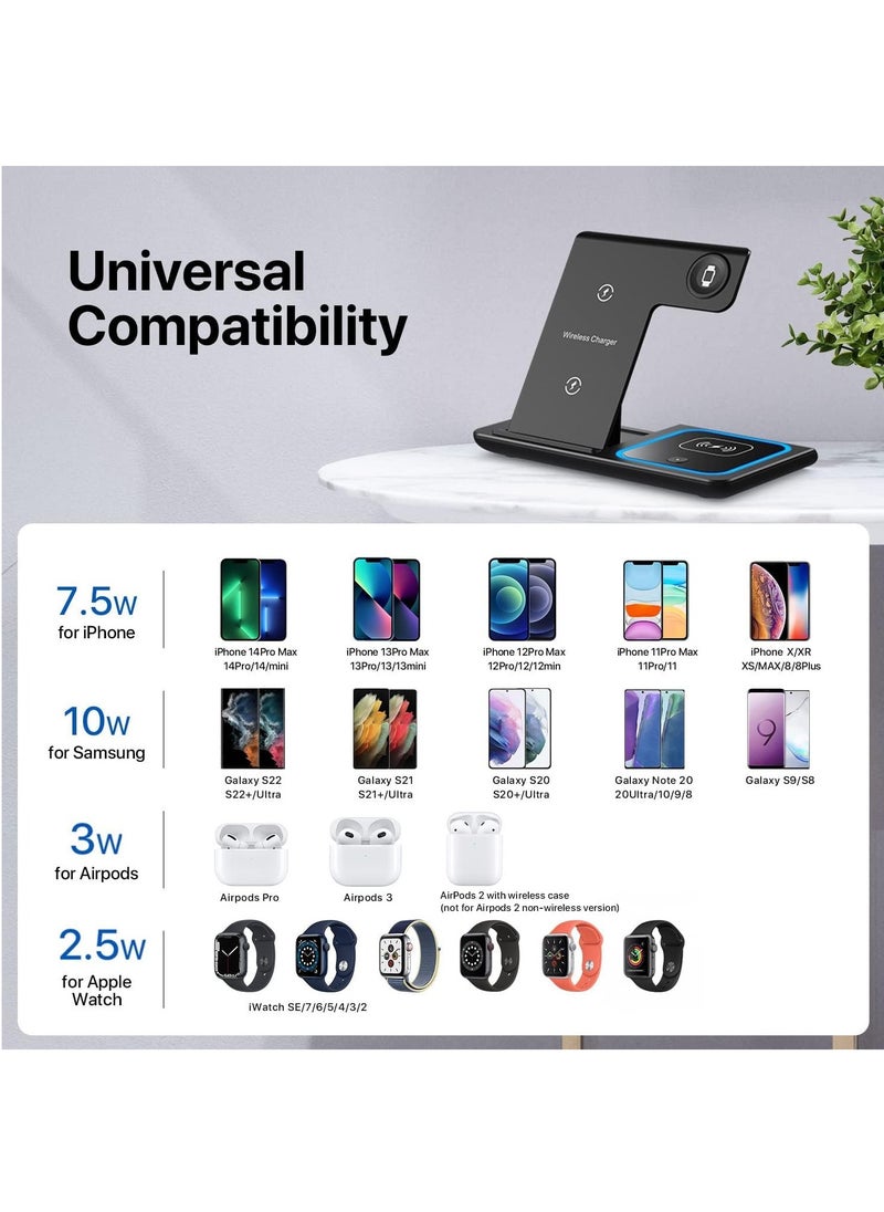 Wireless Charger, 3 in 1 Wireless Charging Station, Fast Wireless Charger Stand Compatible with iPhone 15 14 13 12 11 Pro Max XR XS 8 Plus, for Apple Watch 8 7 6 5 4 3 2 SE,for AirPods Pro 3 2 (Black)