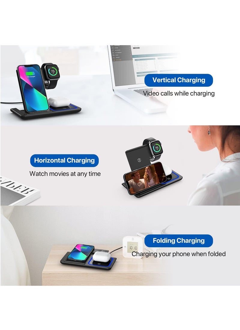 Wireless Charger, 3 in 1 Wireless Charging Station, Fast Wireless Charger Stand Compatible with iPhone 15 14 13 12 11 Pro Max XR XS 8 Plus, for Apple Watch 8 7 6 5 4 3 2 SE,for AirPods Pro 3 2 (Black)