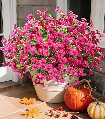 Ivydale Artificial Flowers Fake Plants for Outdoors Decoration, 12 Bundles Silk Morning Glory with Eucalyptus Realistic UV Resistant Fuchsia Faux Flowers for Outside Planter Yard Patio Garden Home Indoor - Image 1