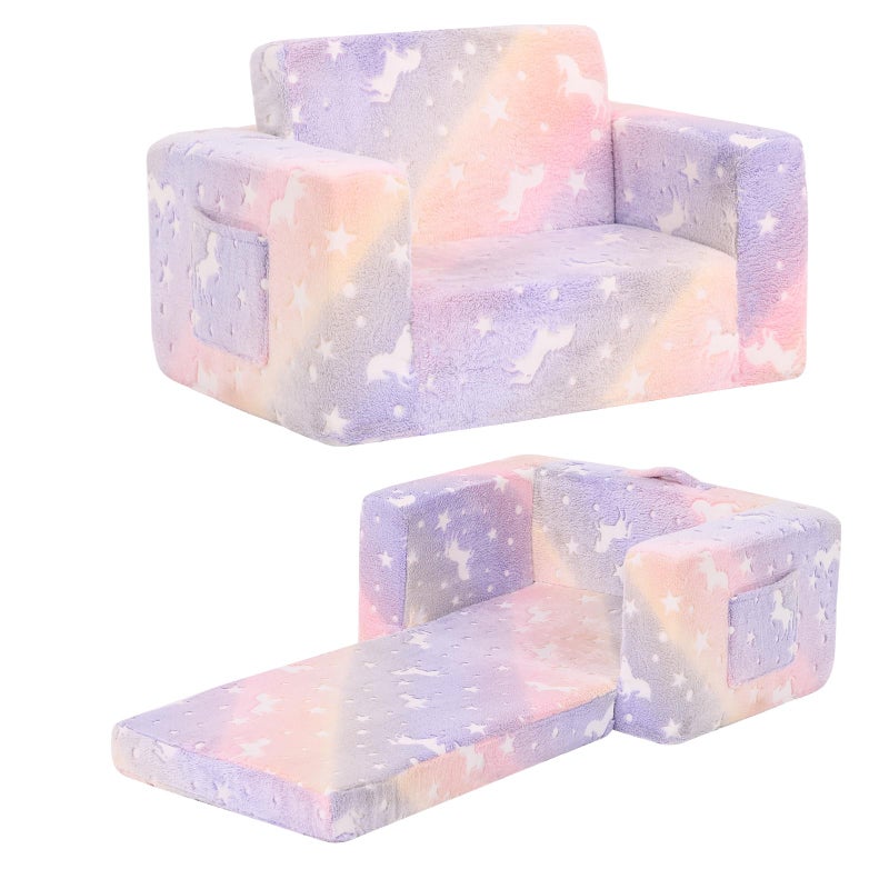 Givjoy Toddler Chair Kids Couch 2in1 Toddler Soft Sherpa Couch Fold Out Armchair with Removable Cover Convertible Reading Chair Toddler Sofa for Kids Glow in The Dark Purple Horse