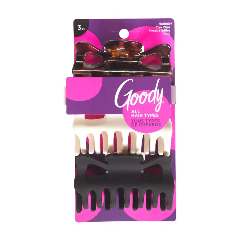 Goody SlideProof Large Claw Clips - 3 Ct, Tortoise Print, Black Matte & Ivory, Secure Grip Hair Styling Accessories for Women & Men, All Hair Types - Image 1