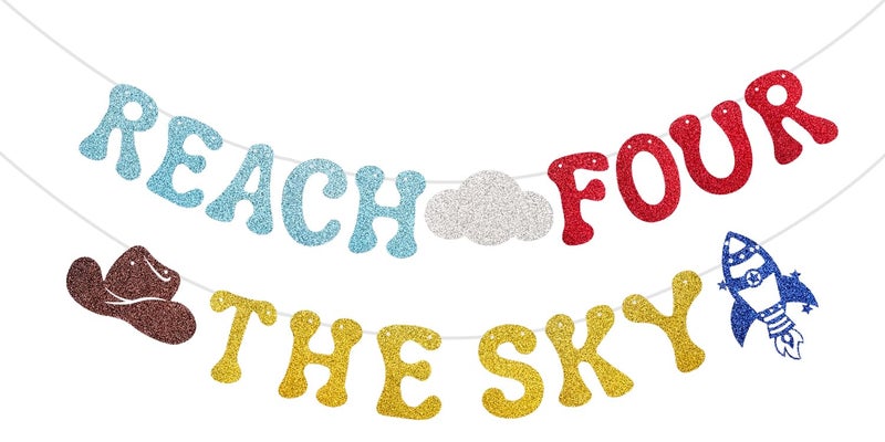 RANERVZ Glitter Reach Four The Sky Banner Cartoon Story 4th Birthday Party Decorations Toy Inspired Game Kids 4th Birthday Banner Party Supplies for Boy - Image 1