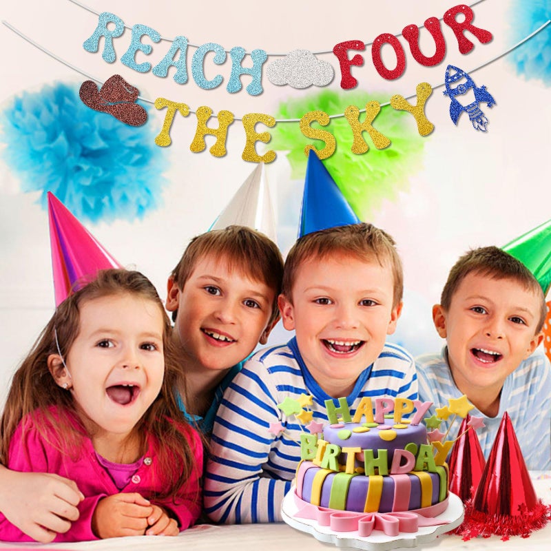 RANERVZ Glitter Reach Four The Sky Banner Cartoon Story 4th Birthday Party Decorations Toy Inspired Game Kids 4th Birthday Banner Party Supplies for Boy - Image 5