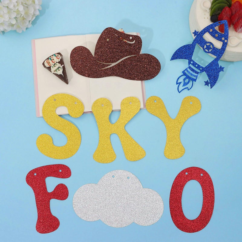 RANERVZ Glitter Reach Four The Sky Banner Cartoon Story 4th Birthday Party Decorations Toy Inspired Game Kids 4th Birthday Banner Party Supplies for Boy - Image 3