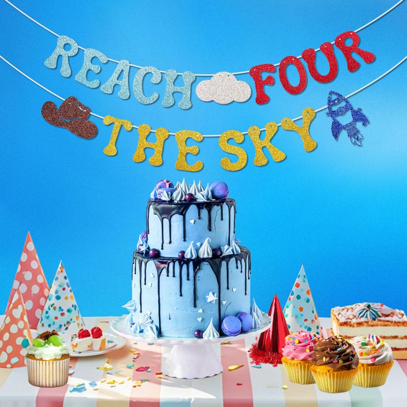 RANERVZ Glitter Reach Four The Sky Banner Cartoon Story 4th Birthday Party Decorations Toy Inspired Game Kids 4th Birthday Banner Party Supplies for Boy - Image 4