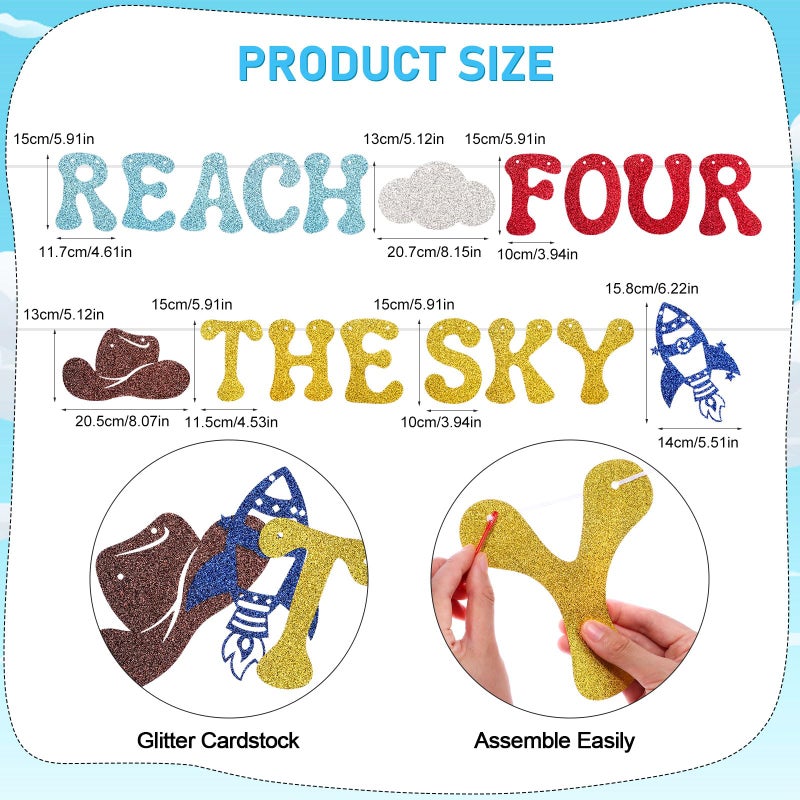 RANERVZ Glitter Reach Four The Sky Banner Cartoon Story 4th Birthday Party Decorations Toy Inspired Game Kids 4th Birthday Banner Party Supplies for Boy - Image 2