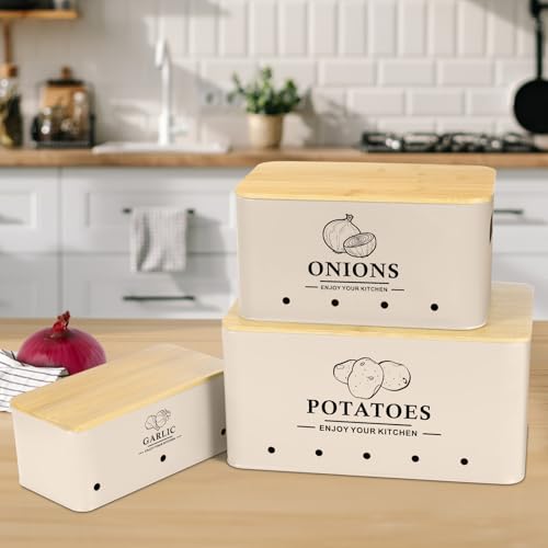 Dekosilave Kitchen Vegetable Storage Set of 3, Metal Onion Garlic Potato Storage Set, Kitchen Canisters Vegetable Keeper Containers with Aerating Holes and Wooden Lid (Beige) - Image 2