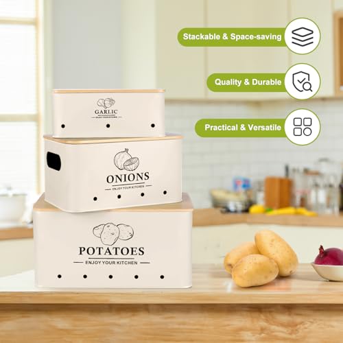 Dekosilave Kitchen Vegetable Storage Set of 3, Metal Onion Garlic Potato Storage Set, Kitchen Canisters Vegetable Keeper Containers with Aerating Holes and Wooden Lid (Beige) - Image 5