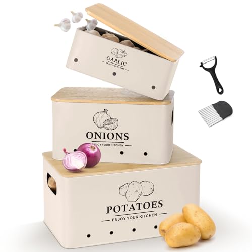 Dekosilave Kitchen Vegetable Storage Set of 3, Metal Onion Garlic Potato Storage Set, Kitchen Canisters Vegetable Keeper Containers with Aerating Holes and Wooden Lid (Beige) - Image 1