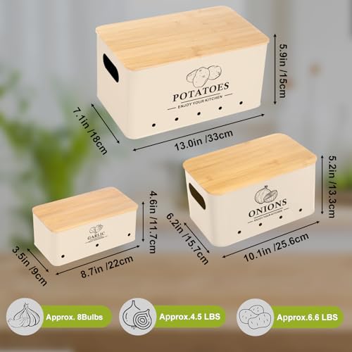 Dekosilave Kitchen Vegetable Storage Set of 3, Metal Onion Garlic Potato Storage Set, Kitchen Canisters Vegetable Keeper Containers with Aerating Holes and Wooden Lid (Beige) - Image 3