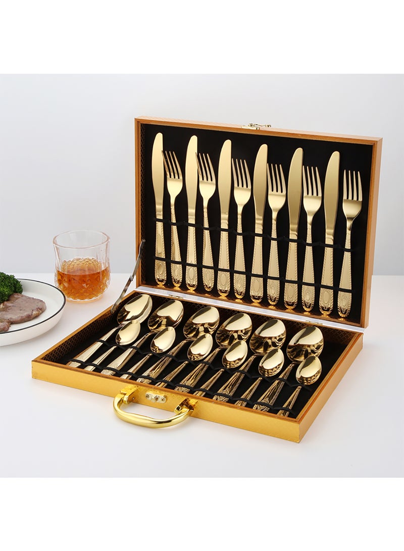 Sunhome 24-Piece Stainless Steel Cutlery Set Kitchen Utensil Set With Textured Surface Western Cutlery Suitable For Home Kitchen Restaurant Hotel Party Dining Picnic Dining Exquisite Packaging For Gift Gold 225mm - Image 5