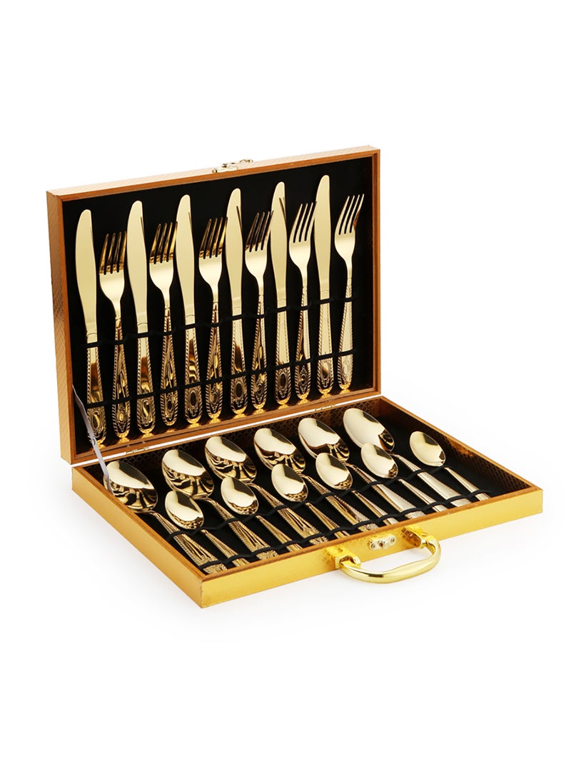 Sunhome 24-Piece Stainless Steel Cutlery Set Kitchen Utensil Set With Textured Surface Western Cutlery Suitable For Home Kitchen Restaurant Hotel Party Dining Picnic Dining Exquisite Packaging For Gift Gold 225mm - Image 1