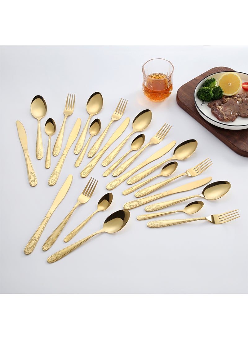Sunhome 24-Piece Stainless Steel Cutlery Set Kitchen Utensil Set With Textured Surface Western Cutlery Suitable For Home Kitchen Restaurant Hotel Party Dining Picnic Dining Exquisite Packaging For Gift Gold 225mm - Image 3