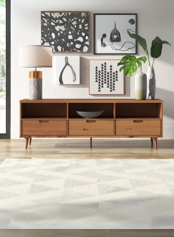 حامل تلفزيون Sadie من الخشب الصلب بثلاثة أدراج، مقاس 70 بوصة، حتى 80 بوصة، لون بني طبيعي - Image 3