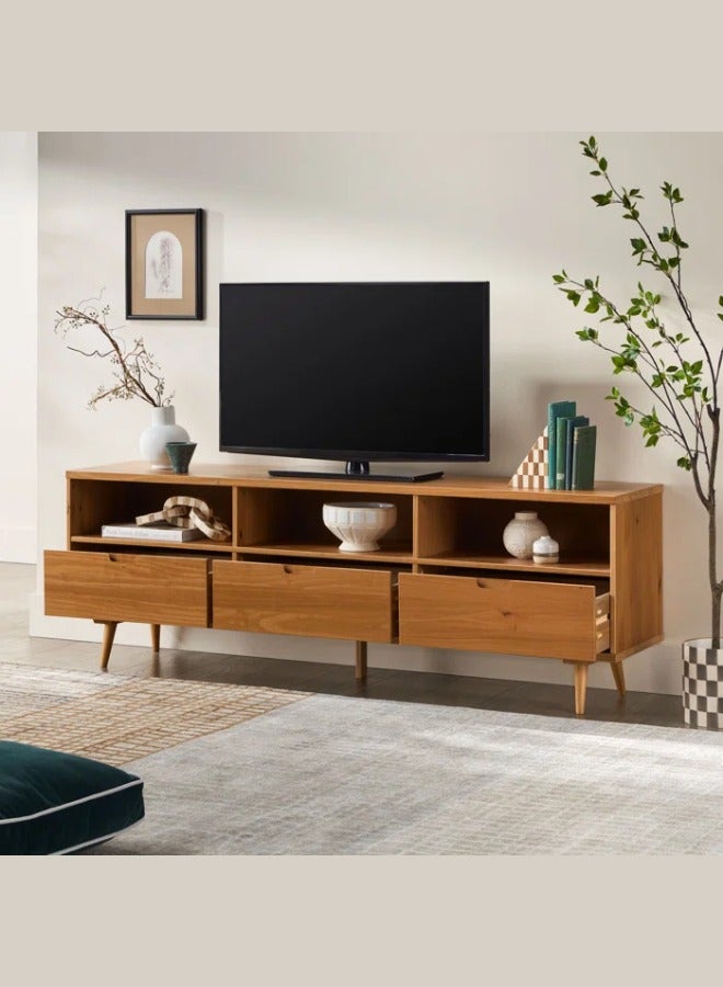 حامل تلفزيون Sadie من الخشب الصلب بثلاثة أدراج، مقاس 70 بوصة، حتى 80 بوصة، لون بني طبيعي - Image 1