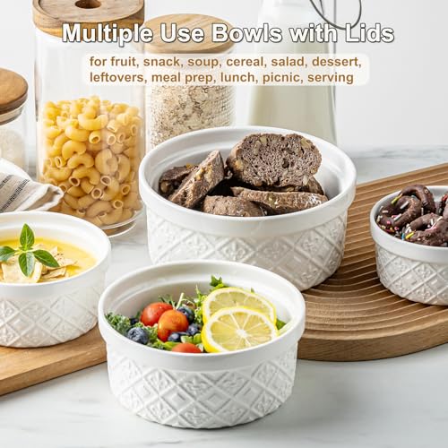 MISSYSSIM 40oz Large Ceramic Mixing Bowls with Lids Set of 4, Ramekin Bowls Oven Safe, Serving Bowls with Lids, Meal Prep Containers, Airtight Food Storage Containers Set for Housewarming, White - Image 3