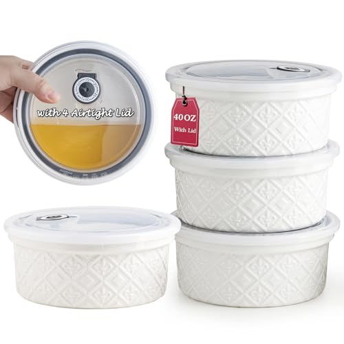 MISSYSSIM 40oz Large Ceramic Mixing Bowls with Lids Set of 4, Ramekin Bowls Oven Safe, Serving Bowls with Lids, Meal Prep Containers, Airtight Food Storage Containers Set for Housewarming, White - Image 1