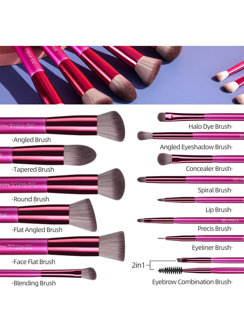 BS Mall BS-MALL Makeup Brushes 14 pcs Makeup Tools Kit Premium Synthetic Powder Foundation Contour Concealers Lip Brushes with Makeup Sponge & Eyeshadow Applicator Kit - Hot Pink - Image 2