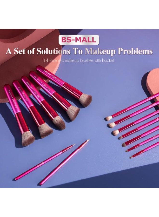 BS Mall BS-MALL Makeup Brushes 14 pcs Makeup Tools Kit Premium Synthetic Powder Foundation Contour Concealers Lip Brushes with Makeup Sponge & Eyeshadow Applicator Kit - Hot Pink - Image 5