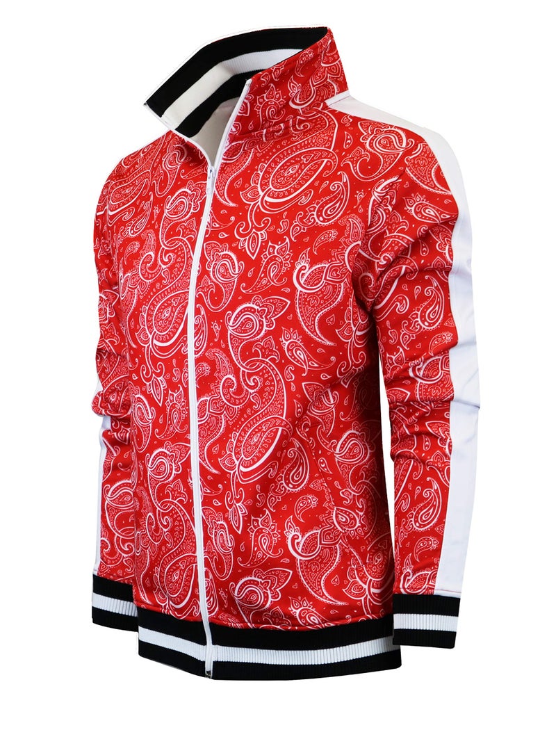 SCREENSHOTF11092 Mens Urban Hip Hop Premium Track Jacket Slim Fit Athletic Paisley Pattern Allover Bandana Print Streetwear TopRedMedium