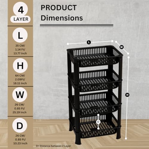 FOROLY 4-Layer Multipurpose Plastic Kitchen Storage Rack | Vegetable Basket Organizer | Stackable Storage Stand for Home, Pantry, Bathroom, Office – Durable Space-Saving Shelf (Black) - Image 2