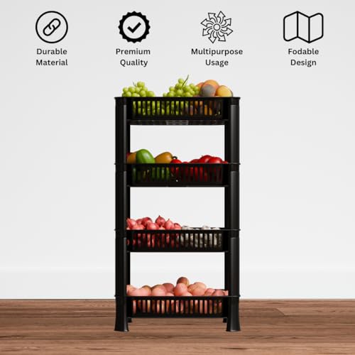 FOROLY 4-Layer Multipurpose Plastic Kitchen Storage Rack | Vegetable Basket Organizer | Stackable Storage Stand for Home, Pantry, Bathroom, Office – Durable Space-Saving Shelf (Black) - Image 3