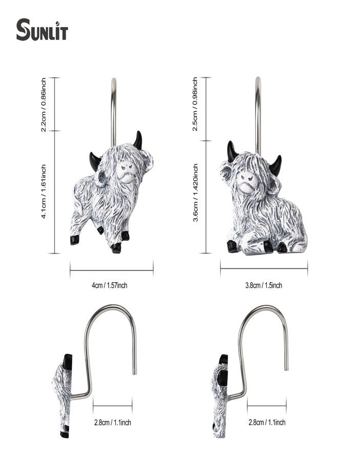 Sunlit Highland Cow Shower Curtain Hooks, Western Home Decorative Shower Curtain Rings, Hand-Painted Resin, Farmhouse Rustic Shower Curtain Hanger Hooks, Set of 12, White and Gray - Image 2