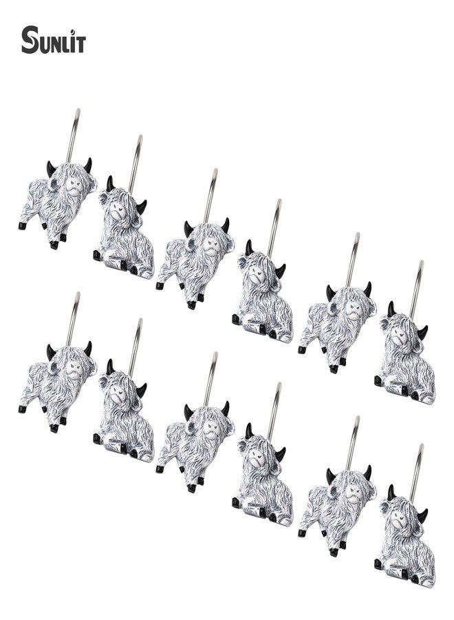 Sunlit Highland Cow Shower Curtain Hooks, Western Home Decorative Shower Curtain Rings, Hand-Painted Resin, Farmhouse Rustic Shower Curtain Hanger Hooks, Set of 12, White and Gray - Image 3