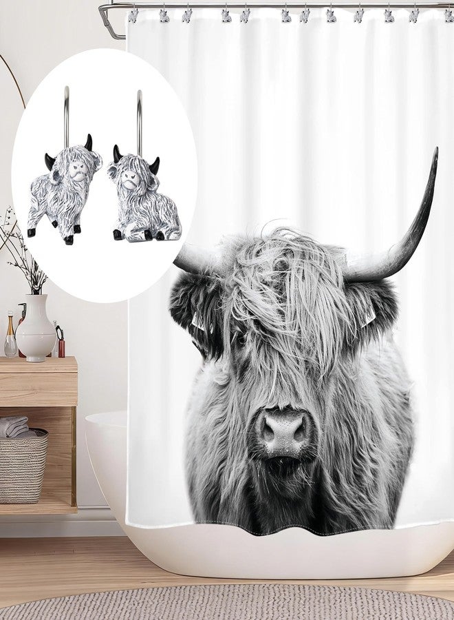 Sunlit Highland Cow Shower Curtain Hooks, Western Home Decorative Shower Curtain Rings, Hand-Painted Resin, Farmhouse Rustic Shower Curtain Hanger Hooks, Set of 12, White and Gray - Image 5