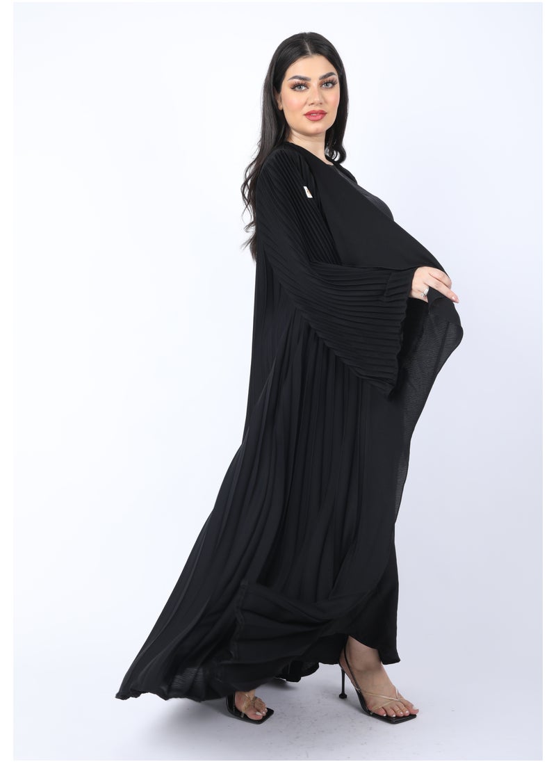 FULL JOY - Maxi  Plissé Abaya with Long Wide Sleeves ,Black - Image 1