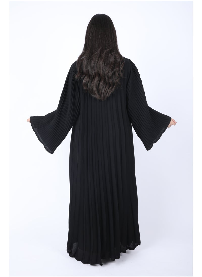 FULL JOY - Maxi  Plissé Abaya with Long Wide Sleeves ,Black - Image 1