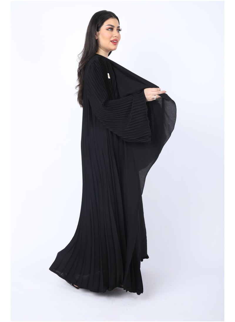 FULL JOY - Maxi  Plissé Abaya with Long Wide Sleeves ,Black - Image 1