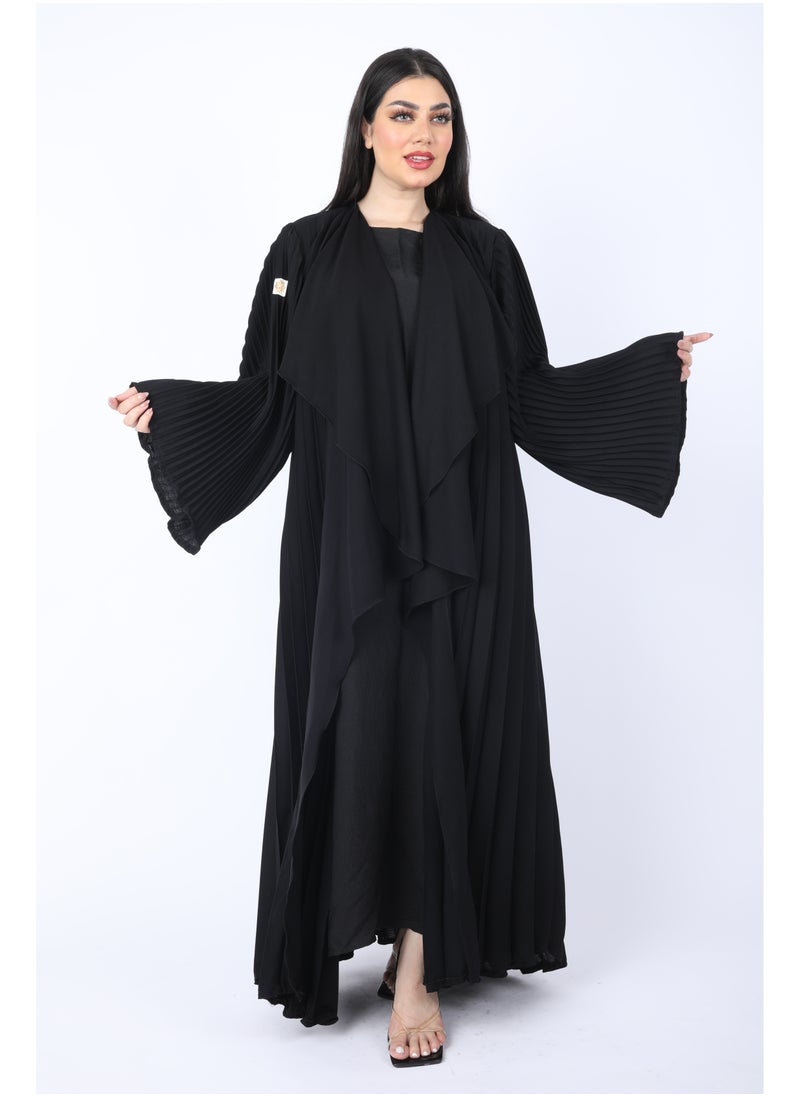 FULL JOY - Maxi  Plissé Abaya with Long Wide Sleeves ,Black - Image 1