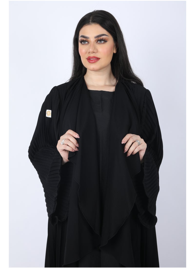 FULL JOY - Maxi  Plissé Abaya with Long Wide Sleeves ,Black - Image 1