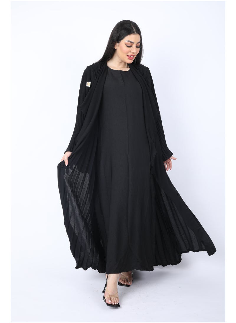 FULL JOY - Maxi  Plissé Abaya with Long Wide Sleeves ,Black - Image 1