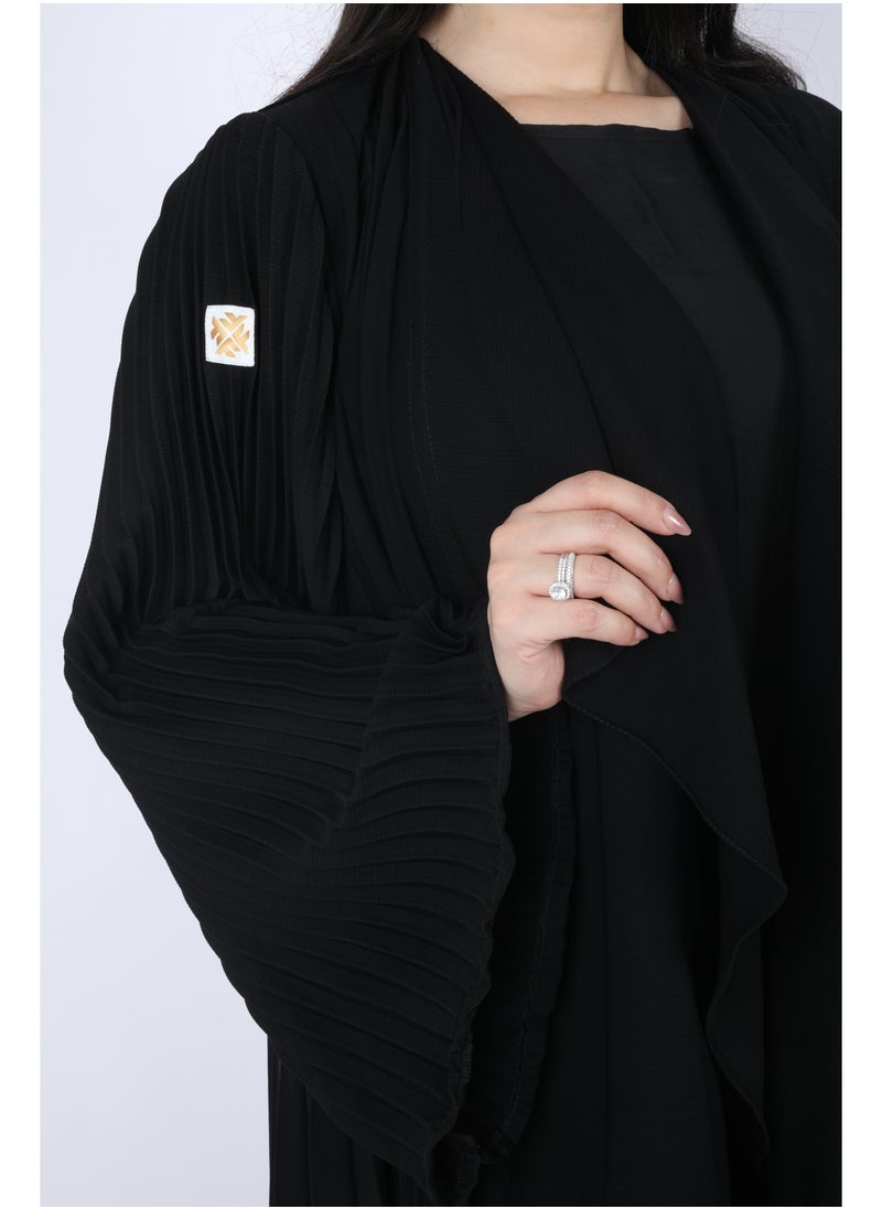 FULL JOY - Maxi  Plissé Abaya with Long Wide Sleeves ,Black - Image 1