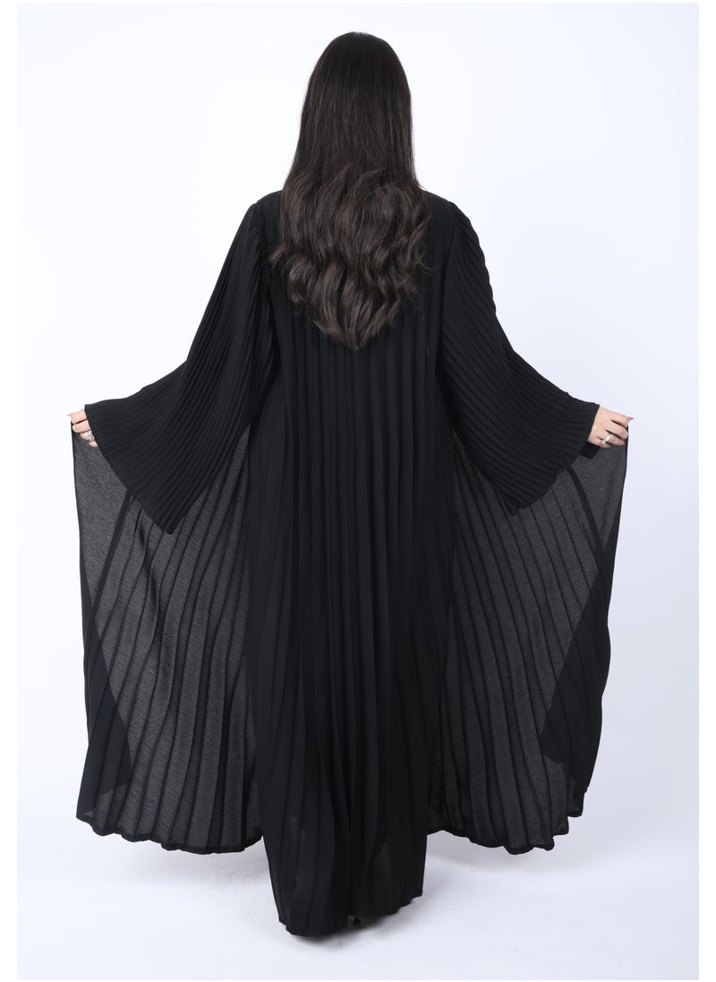 FULL JOY - Maxi  Plissé Abaya with Long Wide Sleeves ,Black - Image 1
