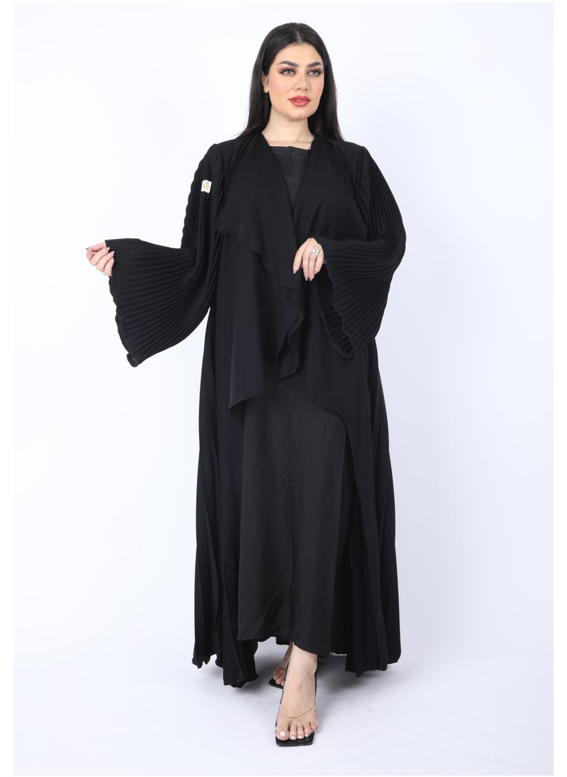 FULL JOY - Maxi  Plissé Abaya with Long Wide Sleeves ,Black - Image 1