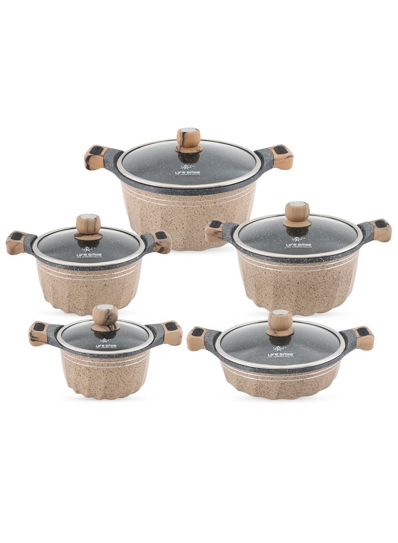 Life Smile Granite Non-Stick Cookware Set of 10pcs -20/24/28/32 cm Soup Pots with Lids & 28cm Shallow Pot with Lid - Induction Bottom - Image 1