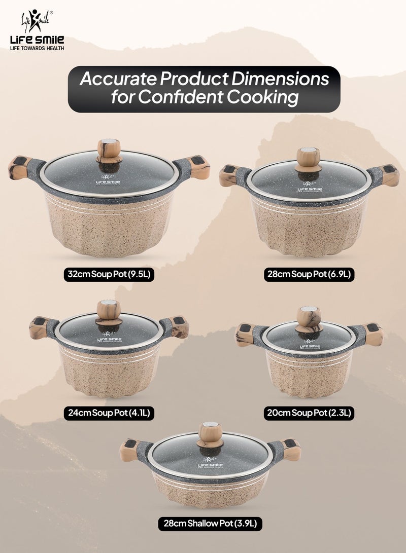 Life Smile Granite Non-Stick Cookware Set of 10pcs -20/24/28/32 cm Soup Pots with Lids & 28cm Shallow Pot with Lid - Induction Bottom - Image 3