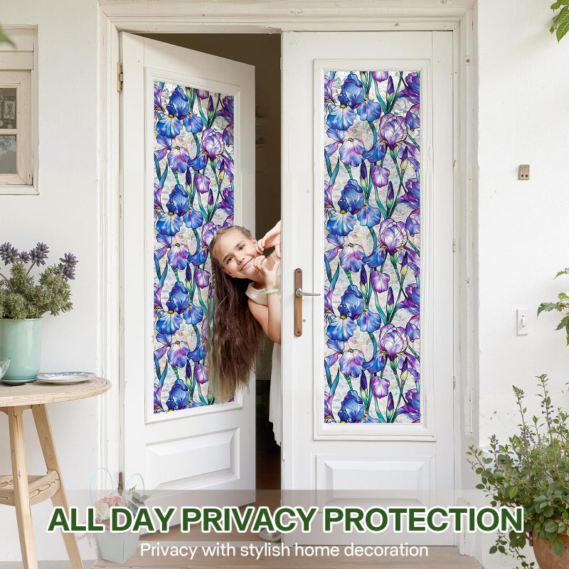 Aomkmi Stained Glass Window Film UV Resistant Window Privacy Film Purple Floral Privacy Rainbow Decals Living Room Bedroom Sun Blocking Decor Removable Static Cling Stickers 17 x 78.74 Inch - Image 3