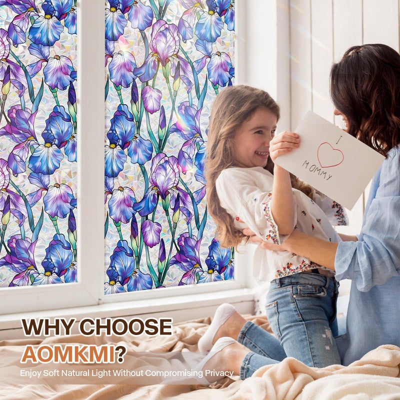 Aomkmi Stained Glass Window Film UV Resistant Window Privacy Film Purple Floral Privacy Rainbow Decals Living Room Bedroom Sun Blocking Decor Removable Static Cling Stickers 17 x 78.74 Inch - Image 2