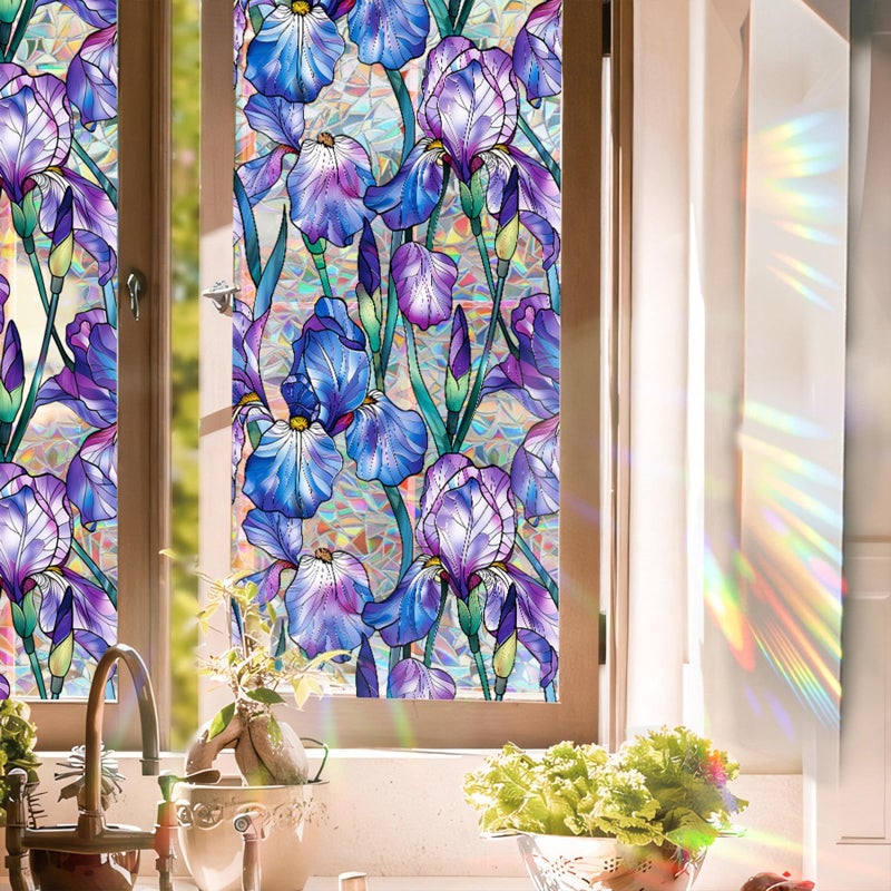 Aomkmi Stained Glass Window Film UV Resistant Window Privacy Film Purple Floral Privacy Rainbow Decals Living Room Bedroom Sun Blocking Decor Removable Static Cling Stickers 17 x 78.74 Inch - Image 1
