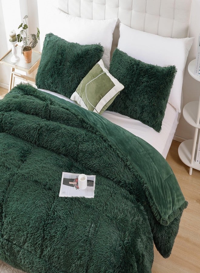 Smoofy Fluffy Queen Comforter Set, Faux Fur Comforter Set Queen Size, Luxury Fuzzy Bedding Set, Soft Shaggy Bed Set for All Season, 3 Pieces - 1 Comforter & 2 Pillowcases, Dark Green - Image 4