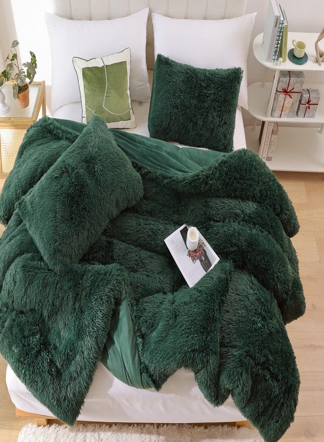 Smoofy Fluffy Queen Comforter Set, Faux Fur Comforter Set Queen Size, Luxury Fuzzy Bedding Set, Soft Shaggy Bed Set for All Season, 3 Pieces - 1 Comforter & 2 Pillowcases, Dark Green - Image 3