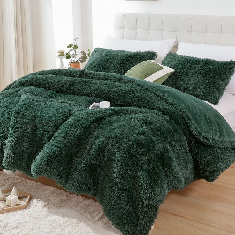 Smoofy Fluffy Queen Comforter Set, Faux Fur Comforter Set Queen Size, Luxury Fuzzy Bedding Set, Soft Shaggy Bed Set for All Season, 3 Pieces - 1 Comforter & 2 Pillowcases, Dark Green - Image 1