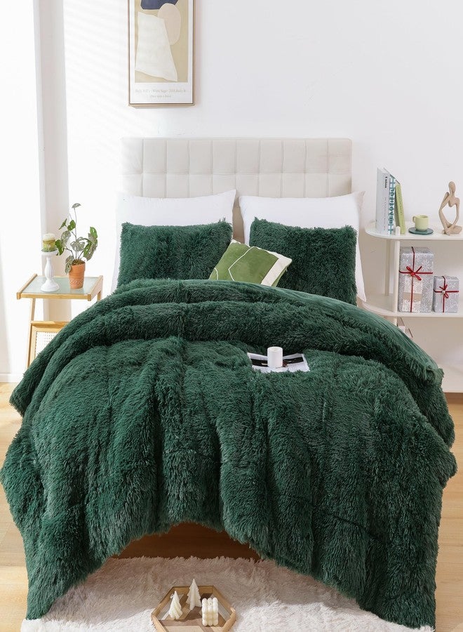 Smoofy Fluffy Queen Comforter Set, Faux Fur Comforter Set Queen Size, Luxury Fuzzy Bedding Set, Soft Shaggy Bed Set for All Season, 3 Pieces - 1 Comforter & 2 Pillowcases, Dark Green - Image 2
