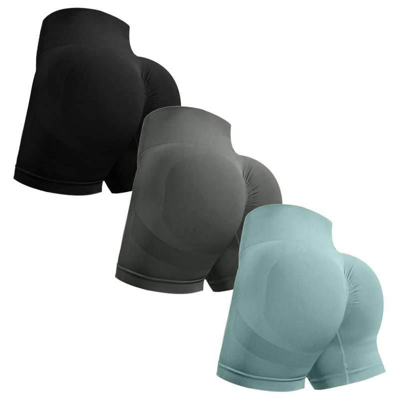 OVESPORT 3 Piece Workout Shorts for Women Seamless Scrunch Butt Lifting High Waisted Yoga Gym Booty Running Short Pants - Image 1