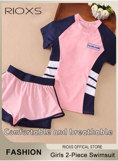 RIOXS Girls Two-Piece Swimsuit Rash Guard Short Sleeve Swimsuit Kids Swimwear Water Sports Sun Protection Bathing Suits With Skirts  - Image 3
